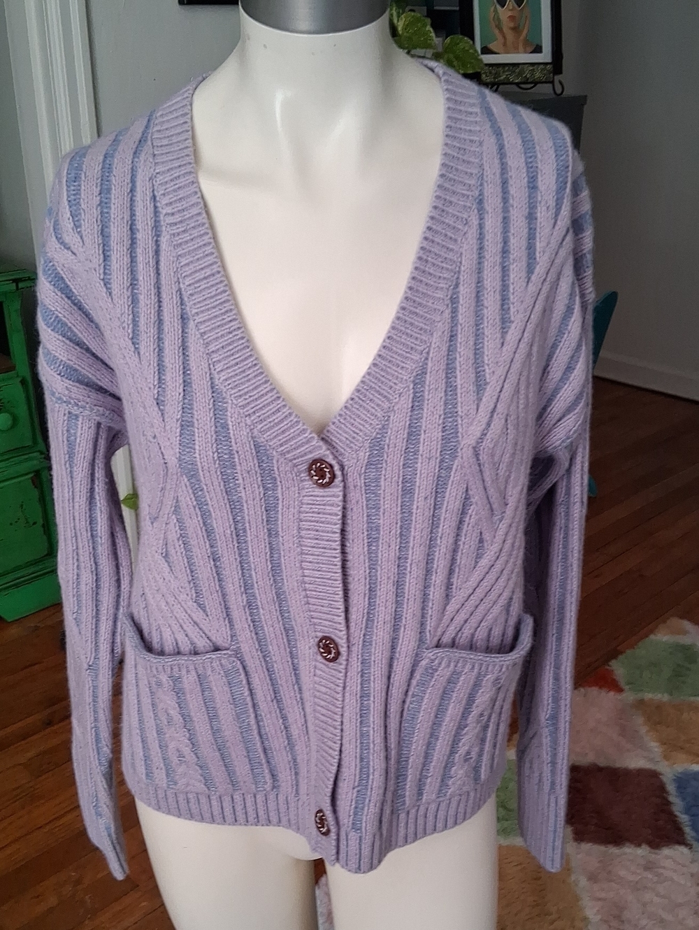 Sundance Lavender Ribbed Cable V-Neck Cardigan